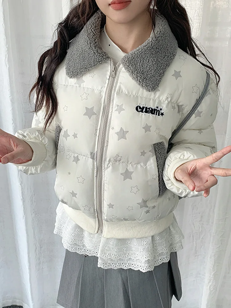 American Retro Stars Parkas Women Winter Long Sleeve Letter Preppy Style Puffy Coats Hrajuku Vintage Faux Lamb Collar Jacket New