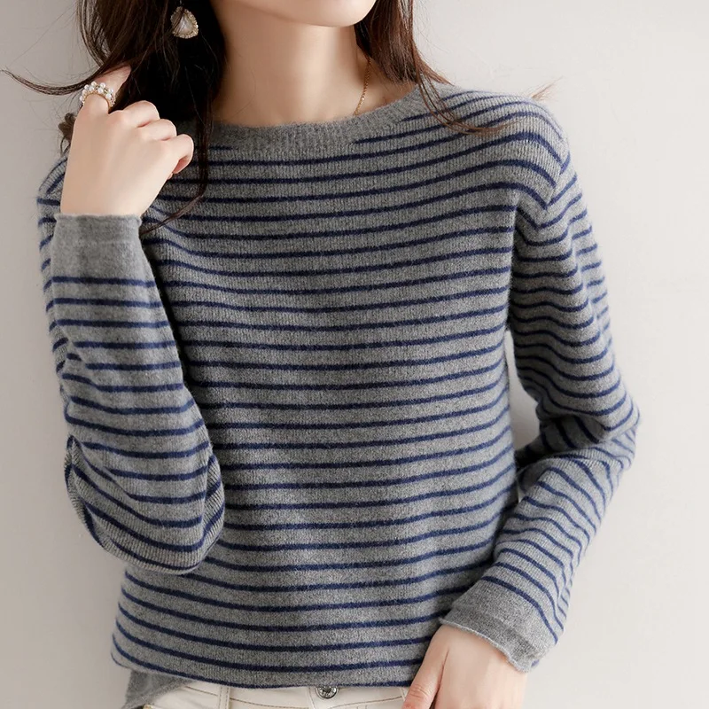 Women O-Neck Striped Sweater Harajuku Winter Retro Women\'s Thick Slim Stretch Warm Tops 2022 Autumn Knitted Pullover