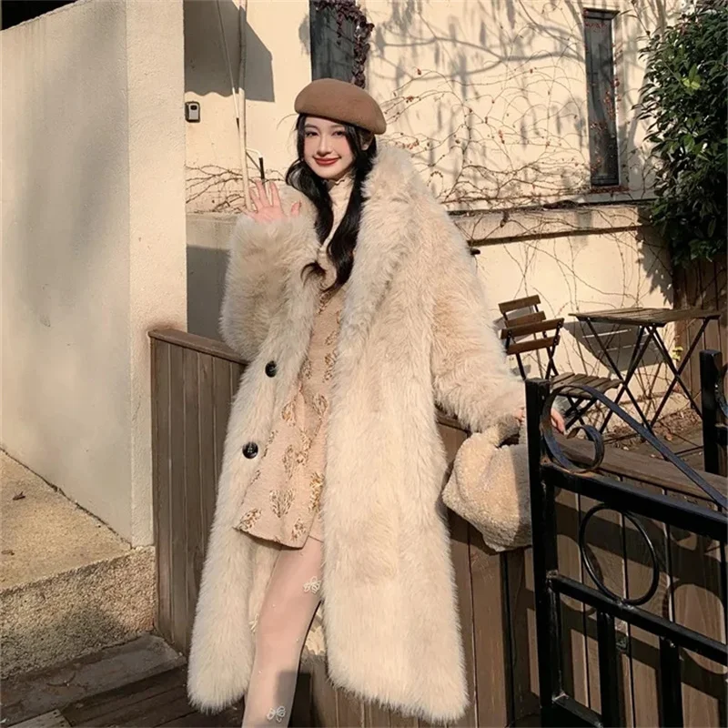 Autumn Winter Female Thickening Fur Jacket 2024 Ladies Long Solid Color Plush Outwear Korean Women Long Sleeves Faux Fur Coat