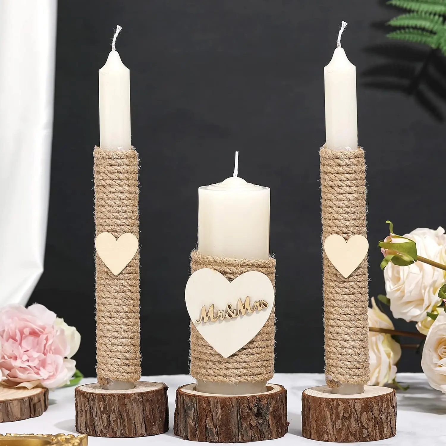 

3 Pcs Rustic Unity Candles for Wedding Ceremony Set Mr and Mrs Burlap 1(5.9'') Pillar 2(9.8'') Taper