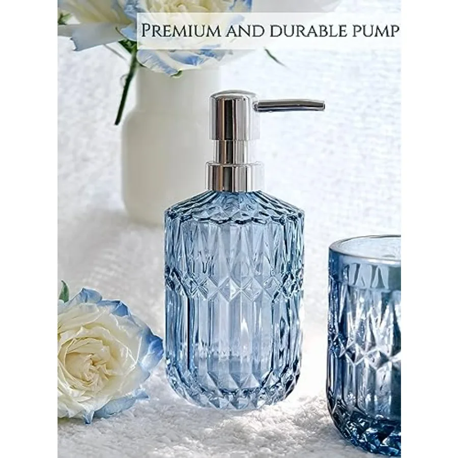 Set di accessori da bagno in cristallo, set di dispenser per lozioni blu da 9 pezzi, portasapone, portaspazzolino, bicchiere, vasetti per tamponi di cotone