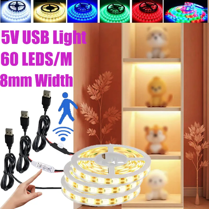 5v led strip rgb 1m 2m 3m 4m 5m white 6000k Dimmer Controller Lights Lighting tape TV room 5mm 8mm usb motion sensor led light