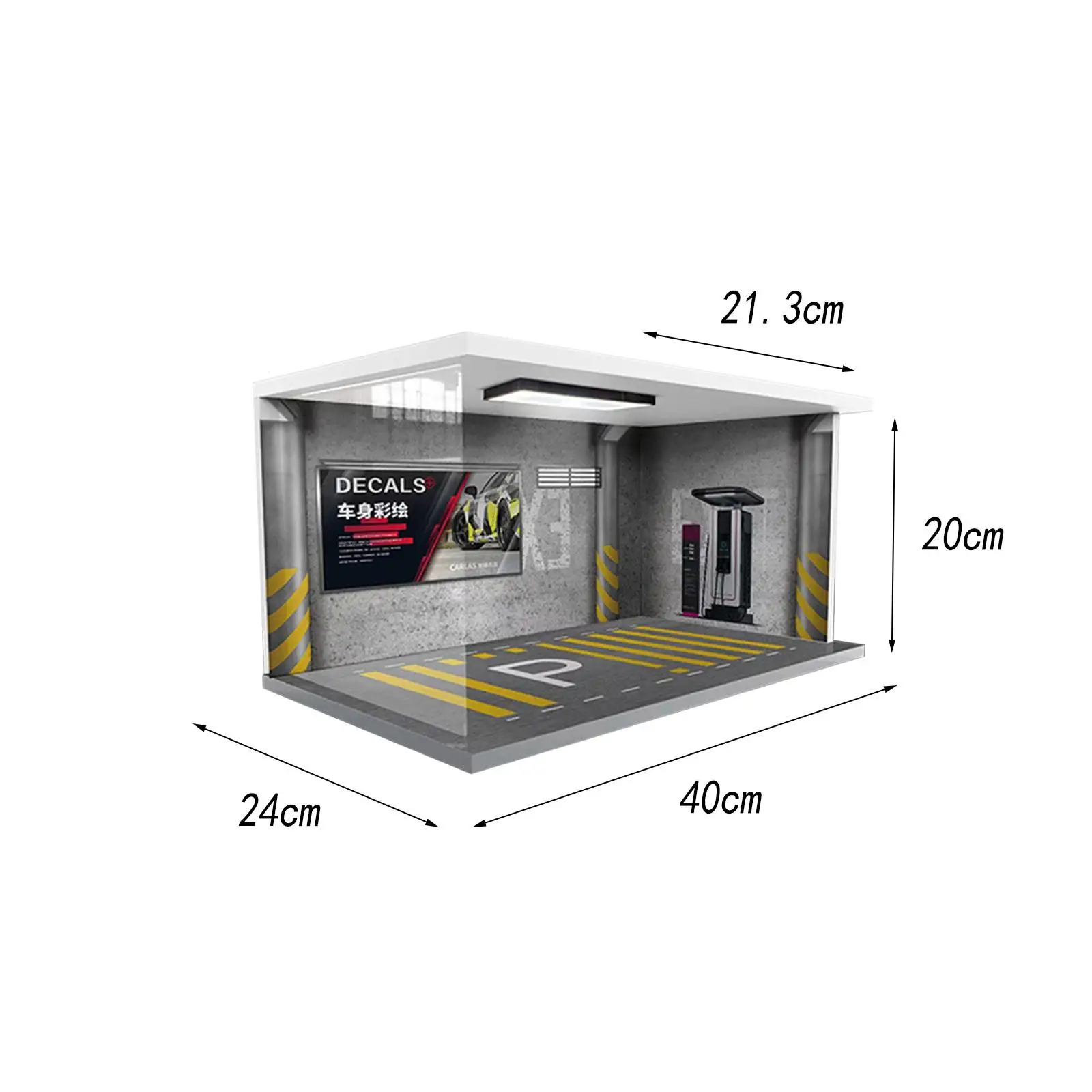 Vitrine de garage moulée sous pression avec lumières, présentoir, 40cm x 24cm x 20cm pour modèle Diorama, mise en page de collection, échelle 1/18