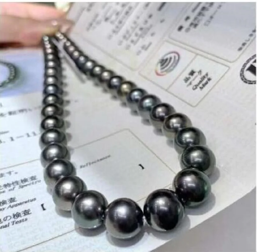 

AAAAA 11-10mm True Natural Round South China Sea Black Pearl Necklace 18 "14K-