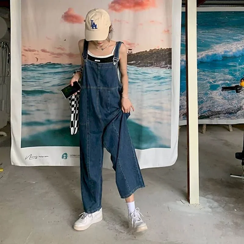 

Jumpsuits for Women Harajuku Blue Denim Full Length Straight Pants One Piece Outfits Women Large Size Casual Vintage Playsuits