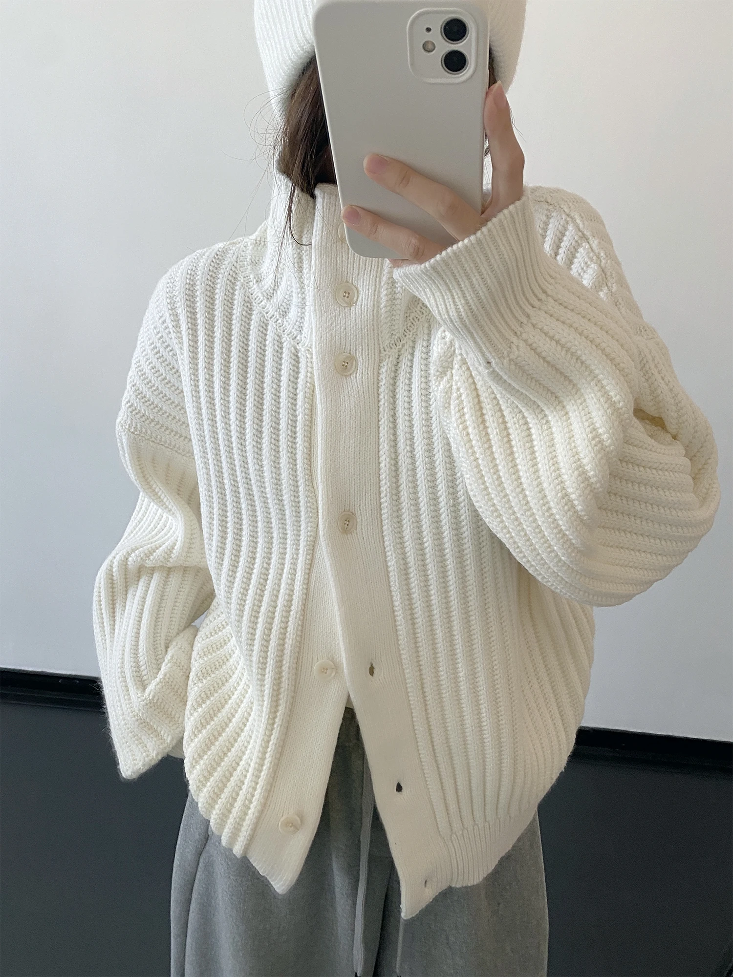 

SunYeo Women's Heavyweight Wool Sweater Cardigan Spring Autumn Pure Color Korean Sle Stand Collar Long Sve Warmth Emitting
