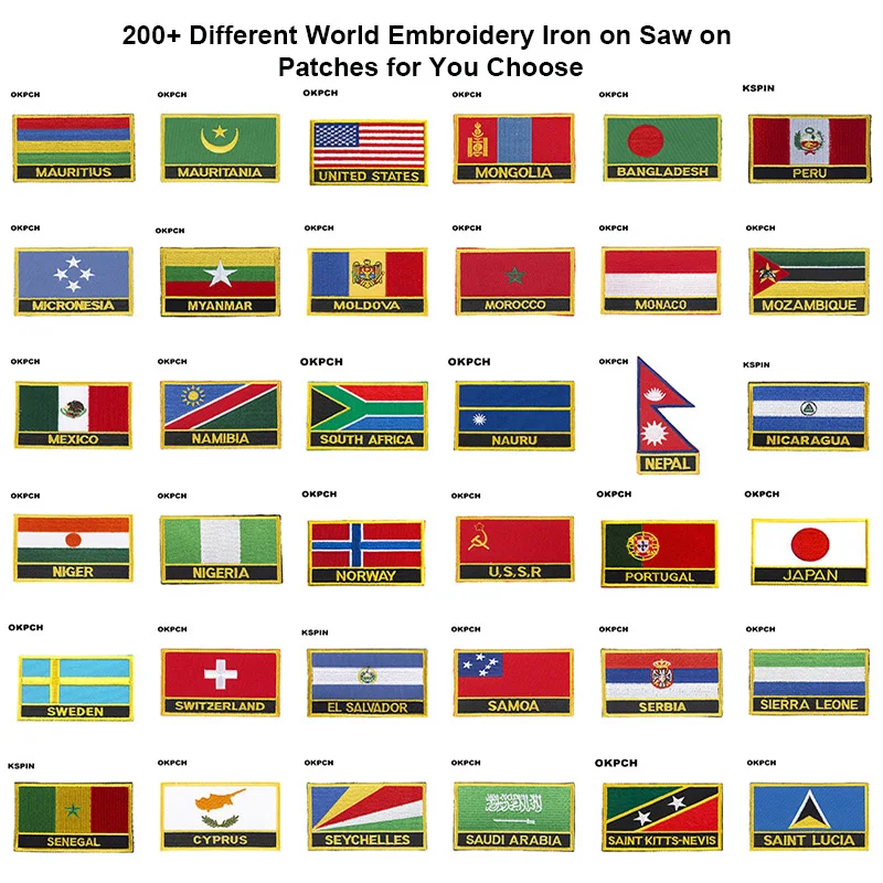 200+ بقع علم مختلفة مستطيلة وشكل درع حديد على بقع التطريز المنشار على تطبيقات رقعة النقل