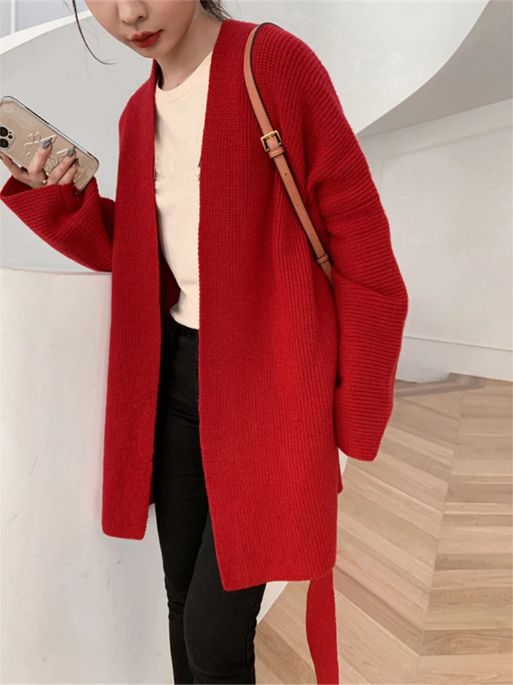 LANMREM Loose Knit Sweater For Women V Neck Long Sleeves Mid Length Cardigan With Belt Female Fashion Clothing Autumn 2DA9118