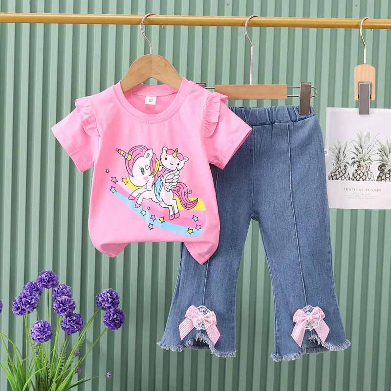2024 neue kinder Set Mädchen Sommer Cartoon Gedruckt Kurzarm + Cowboy Hosen Infant Mode Set 0-4 jahre Alt – Detail 2