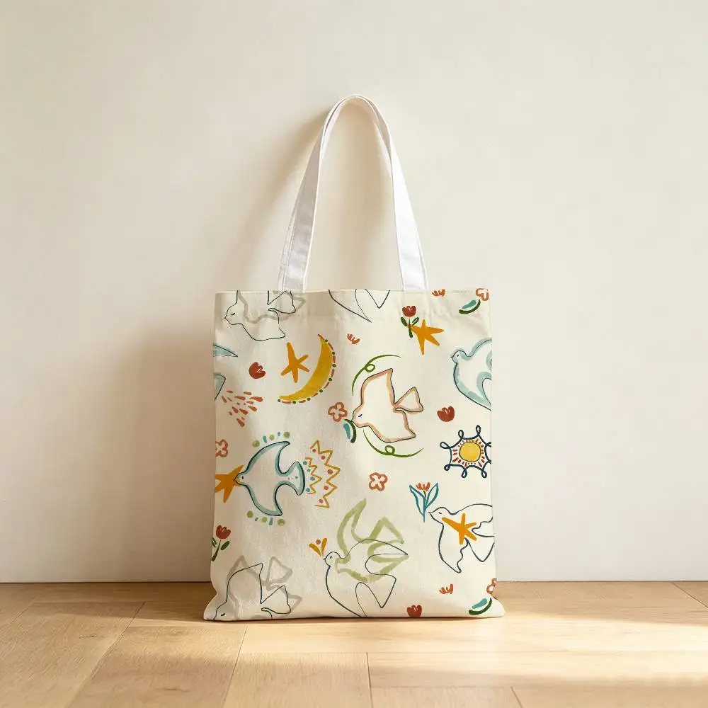 Artistic Pigeon Canvas Tote Bag Waterproof Lining Large Capacity Reusable Shopping Bags Casual Student Daily Handbag