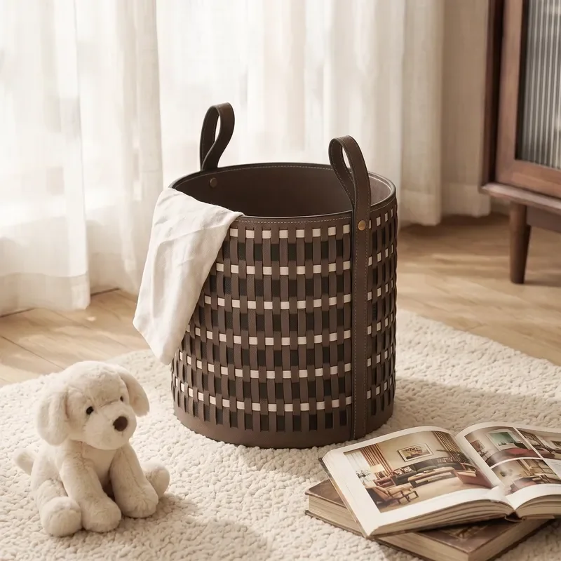 Vintage Two Tone Woven PU Leather Round Storage Basket Large Capacity Home Organizer for Clothes Toys Sundries Decorative Bin