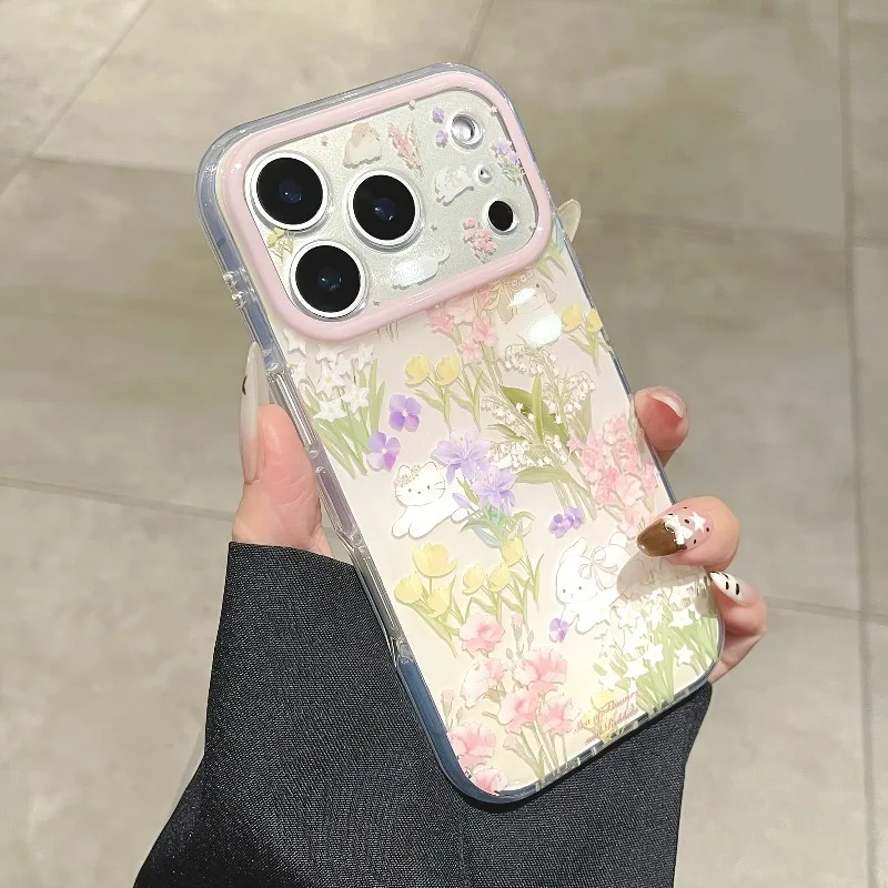 Fresh Flower Rabbit Cat Pattern Shockproof Phone Case For iPhone 11 12 13 14 Pro 15 16 17 Pro Max Cartoon Protection Back Cover - view 3