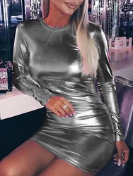 Sexy glänzende Vergoldung pu Lack leder schlanke figur betonte Kleid Frauen lange Ärmel einfarbig dünnes Kleid elegante Club Party Vestidos