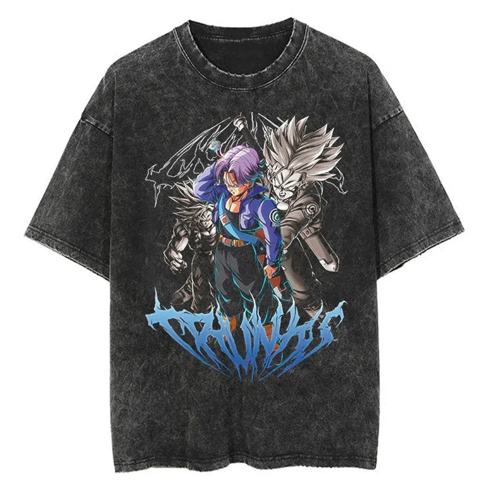 Men Streetwear Washed T Shirt Japanese Anime Dragon Ball Print T-Shirt Harajuku Cotton Casual Tshirt Summer Short Sleeve Tops