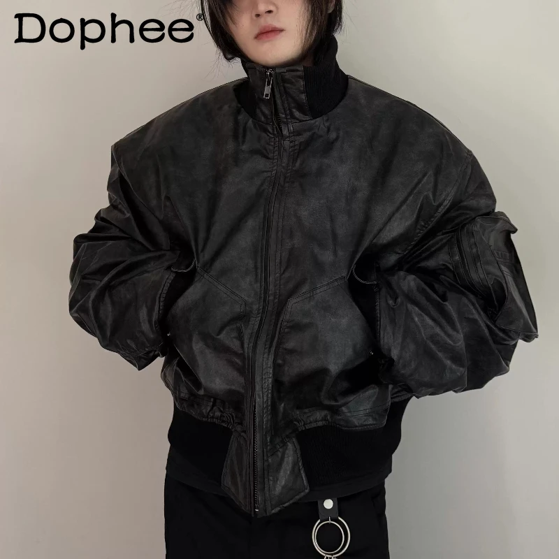 

Men's 2025 Autumn Winter New Fashion Retro Pilot Jackets Faux Leather Coats Stand Collar Long Sleeve Simple Chic Leather Jackets