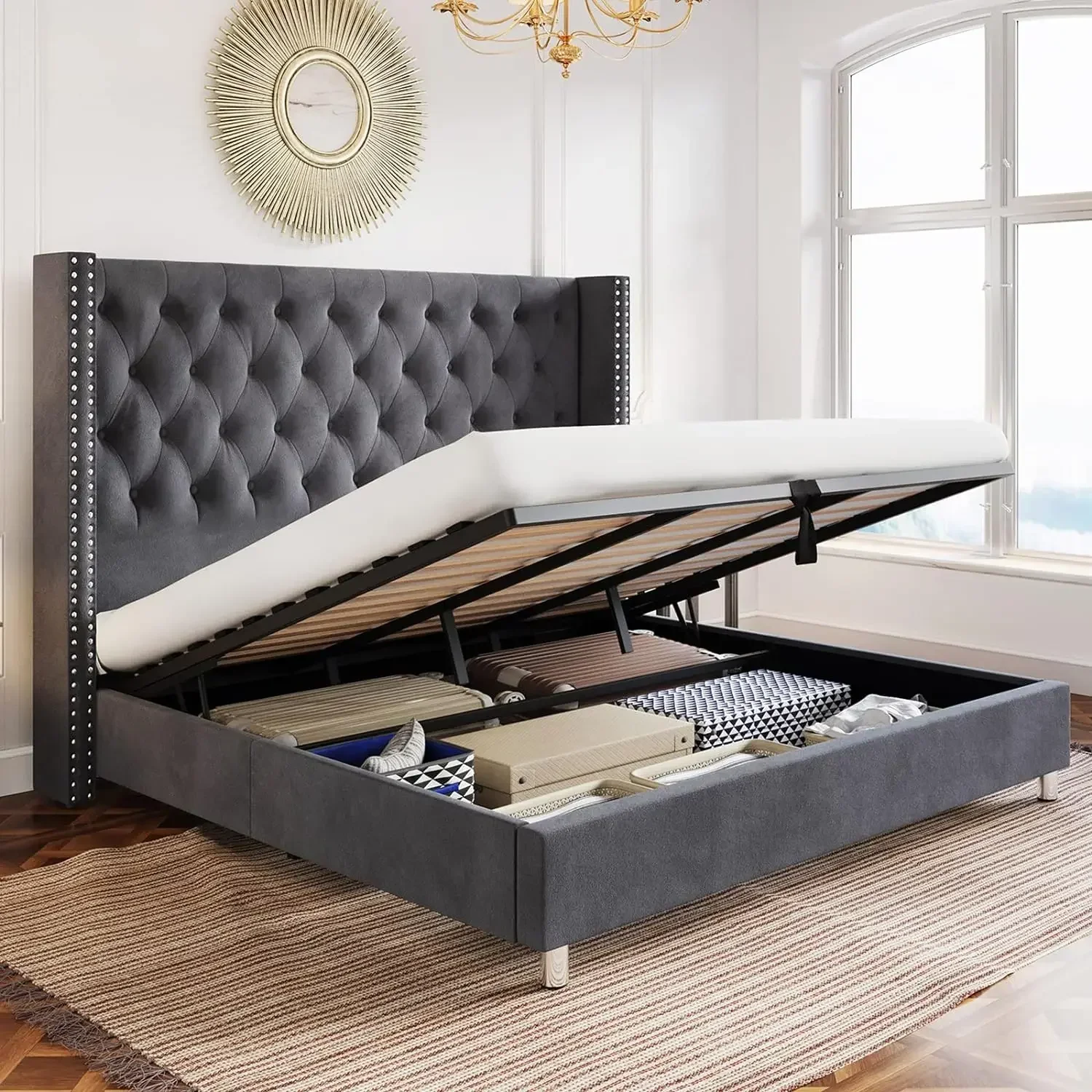 King Bed Frame Lift Up Storage Bed with Headboard Button Tufted Wingback/Hydraulic Lifting Storage Underneath/Wood Slats