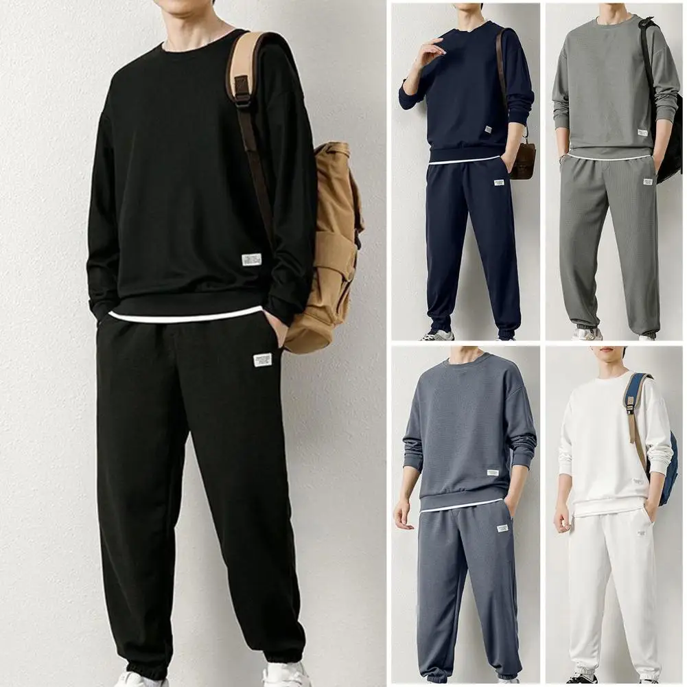 

Men Sweatshirt Pants Set Men's Casual Sport Suit with Waffle Texture Sweatshirt Jogger Pants Set Loose Fit Autumn/winter Youth