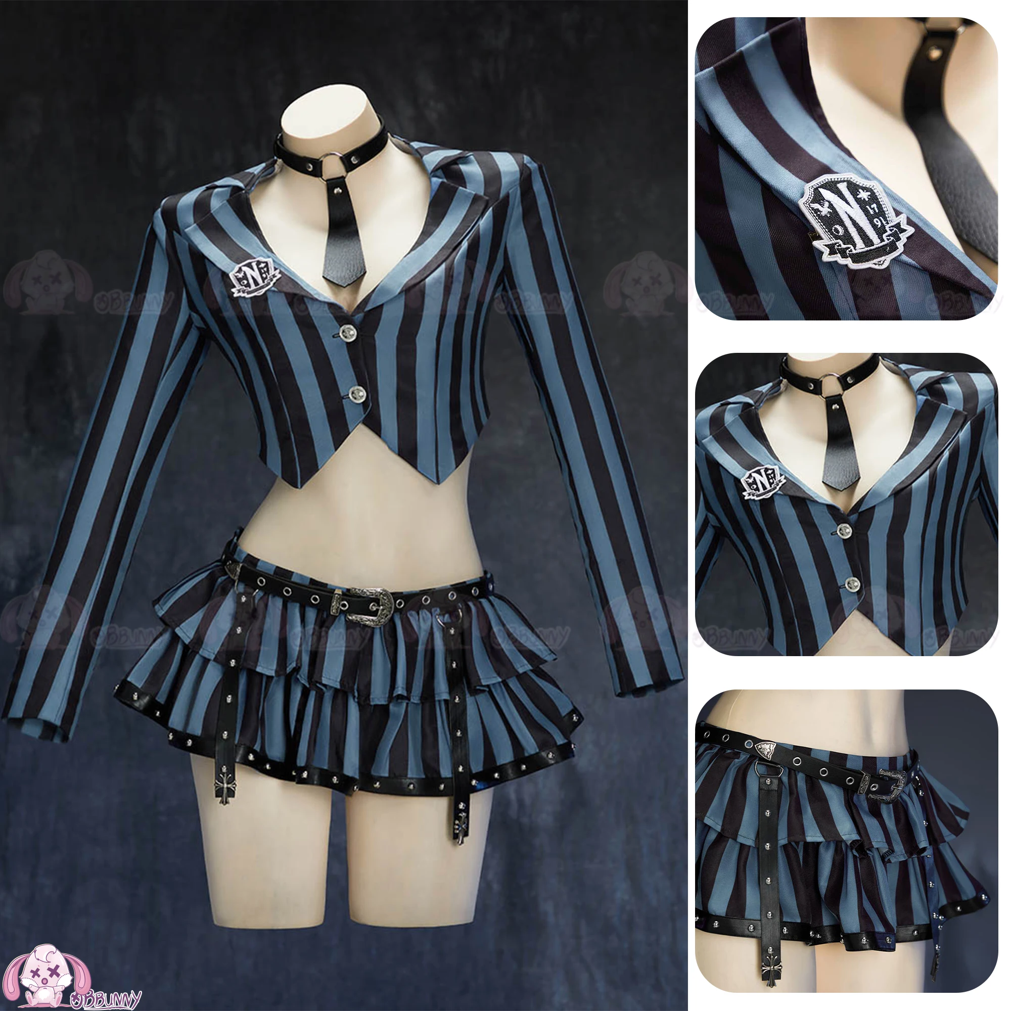 

Movie Wednesday Cosplay Costume Dresses Women Striped School Uniform Crop Tops Skirt Set Halloween Carnival Party Uniform