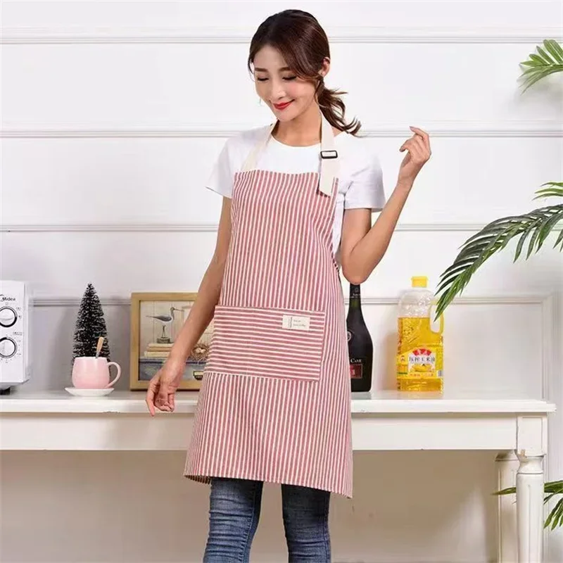 New Japanese Cotton Linen Fashion Striped Apron Pocket Florist Gardening Coffee Shop Overalls Kitchen Cooking Apron Sleeveless