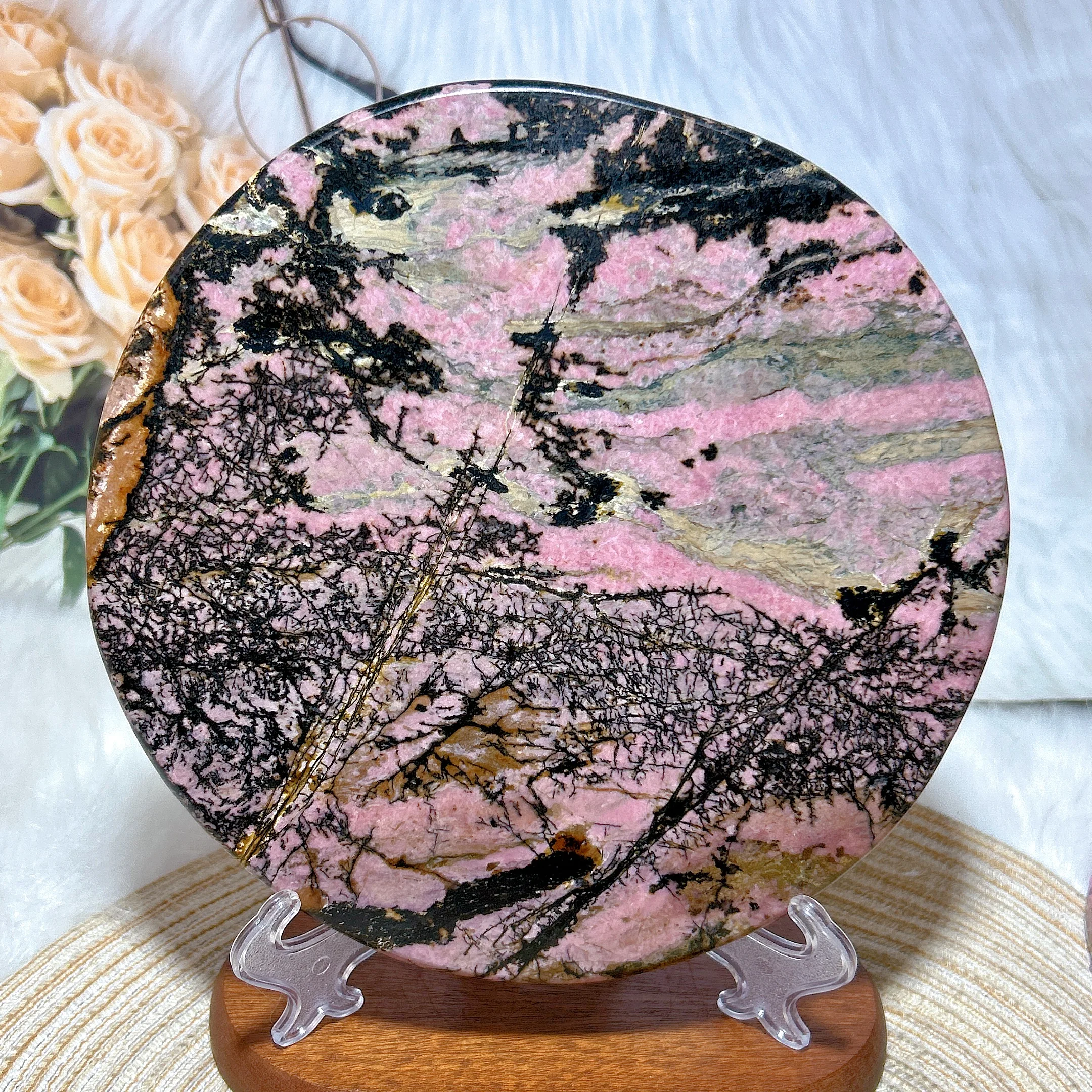 

Natural Crystals Rhodonite With Black Tourmaline Large Circle Landscape Painting Polished Healing Mineral Home Decorations Gift