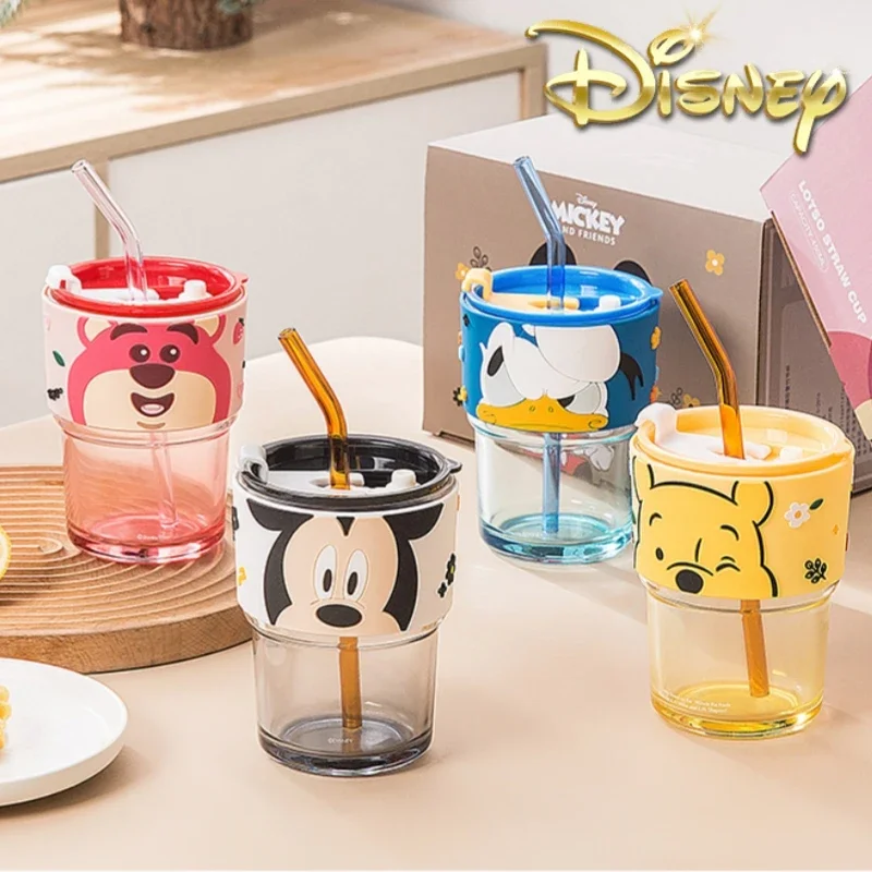 New 2024 Disney Mickey Minnie Mouse Kawaii Water Bottle Cute Daisy Lotso Winnie Glass Cup With Straw Double Glass Gifts