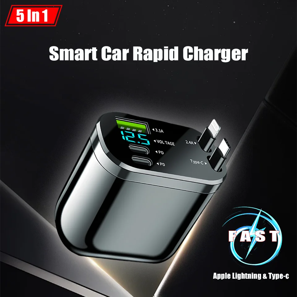 

New 5In1 Retractable Car Charger Cell Phone USB PD C Type Cable Apple Lightning Fast Charging Cable Cigarette Lighter QC Adapter