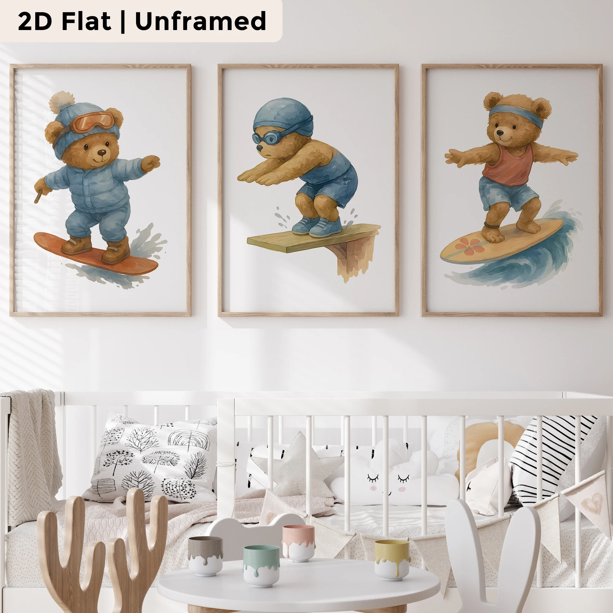 3pcs Modern,Cartoon Surfing Bear Wall Art Print Canvas Painting Poster Picture For Living Room,Bedroom,Kids Room Home Decor