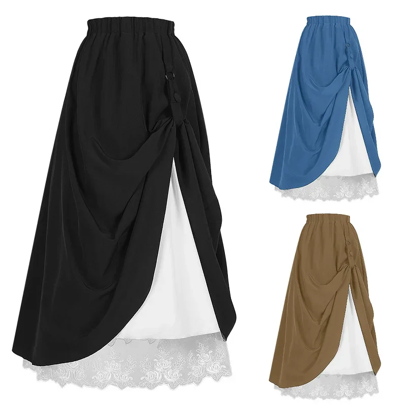 Women  Medieval Elastic Lace High Waist Boho Maxi Skirt Casual Drawstring A Line Vintage Skirt Renaissance Retro Skirt