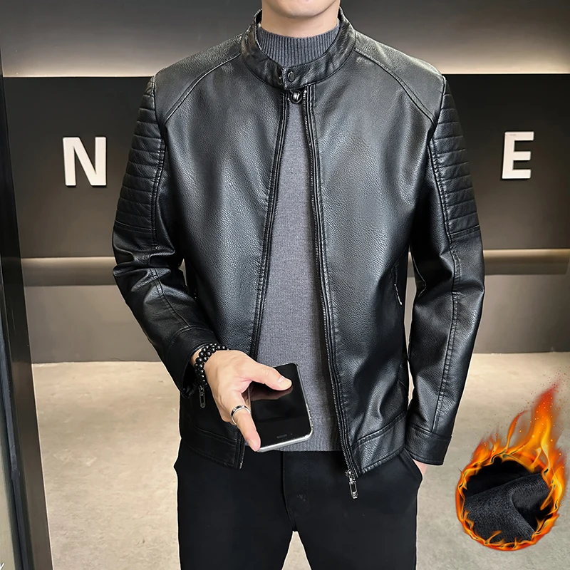 

Men Vintage Fleece Warm Multi-pocket PU Leather Coat Male Zipper Autumn Outwear Jackets Winter Motorcycle PU Leather Jacket