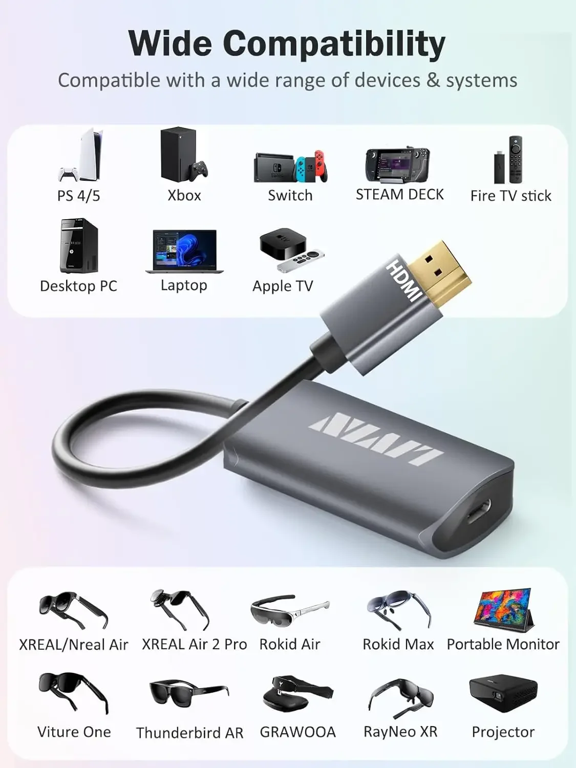 شاشة محمولة محول LIVIN HDMI إلى USB C، نظارات AR XREAL/VITURE/RayNeo/Rokid، 【4K@60 هرتز+PD Port】