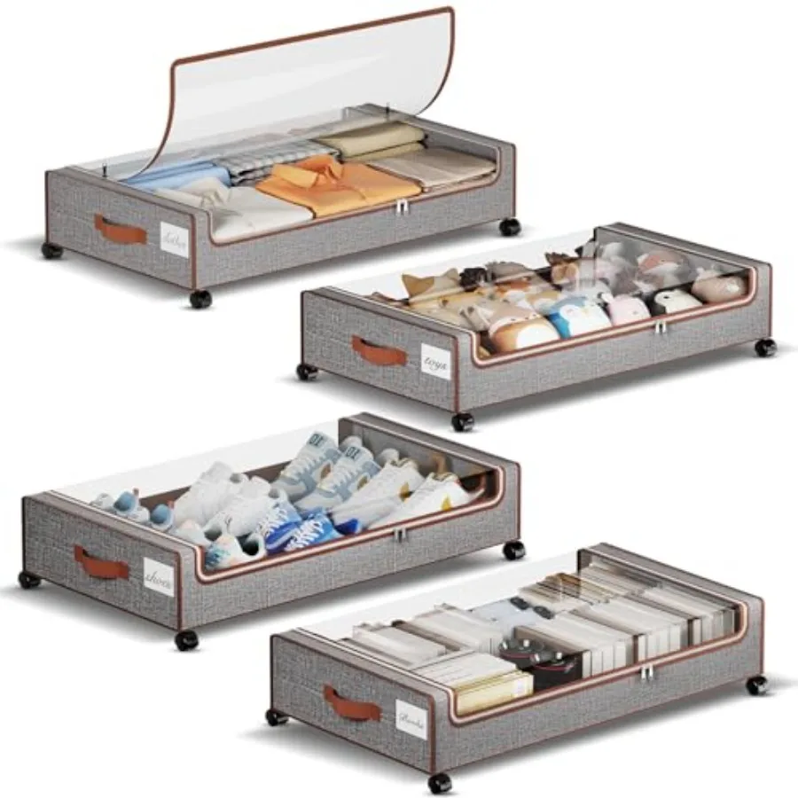 

Under Bed Storage with Wheels, Under the Bed Storage Containers with Lids and Label, XXL 60L Rolling Underbed Storage Drawers f