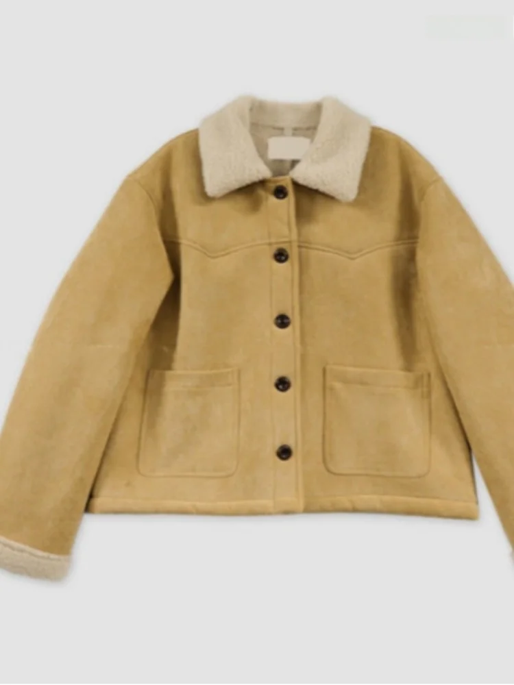 Chic Winter ort Lamb Fur Suede Jaet Women's Warmth Flap Collar Single Button Leather And Fur Inteated Outerwear Coat