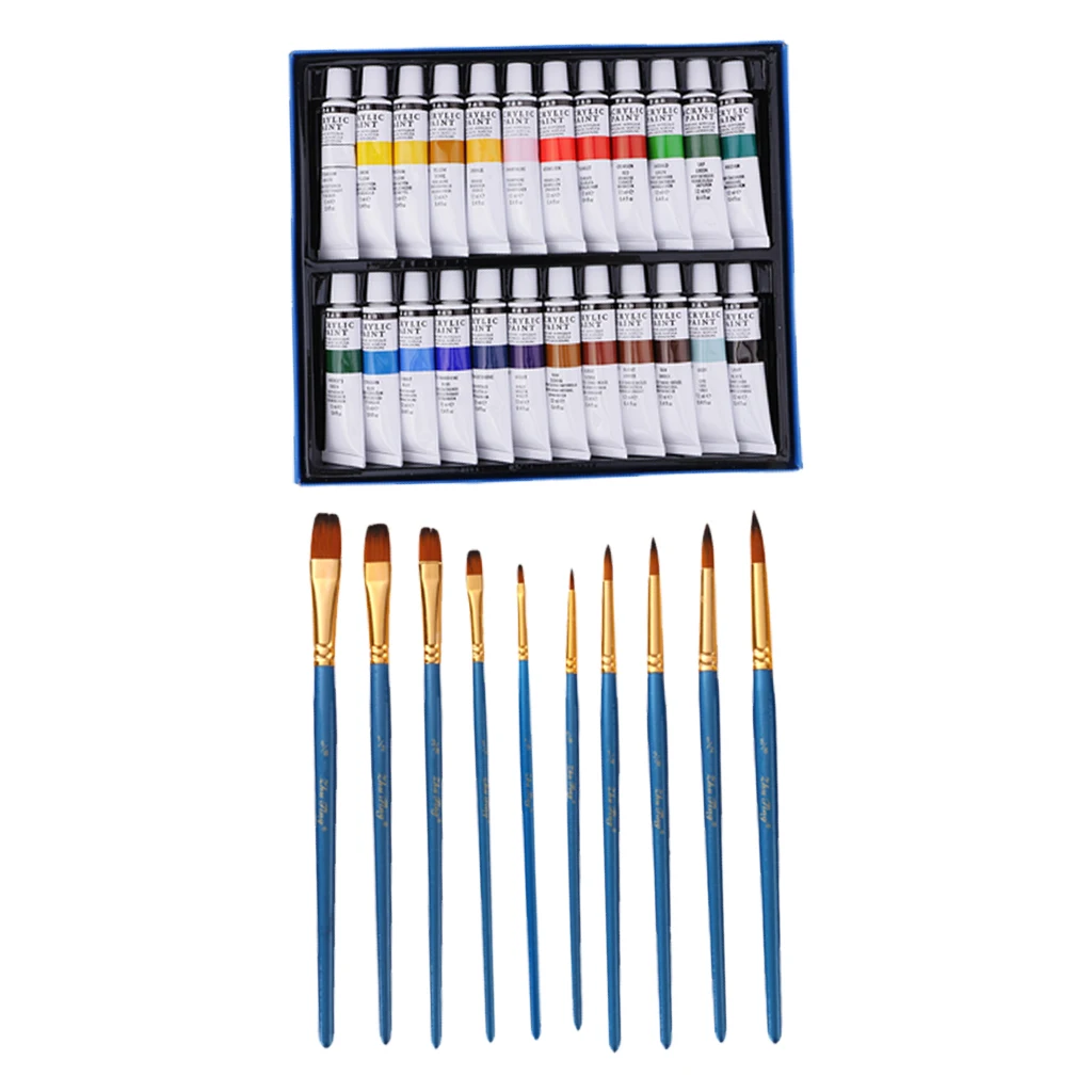 Acrylic Painting Kit Set 10pcs Nylon Brushes +24 Colors Tube Acrylic Paint