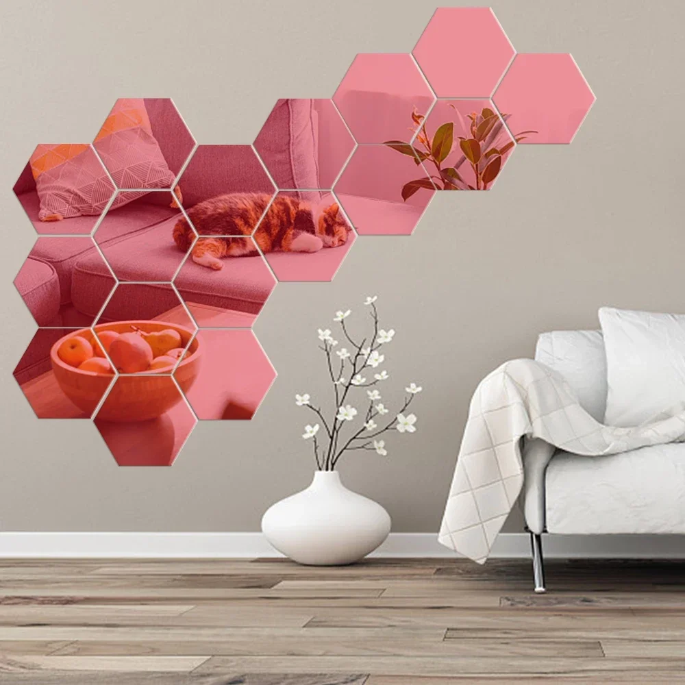 1/100x Hexagon Mirror Stickers Self-adhesive Mini Mirror Solid Paster Home Bedroom Art Decoration Gold Silver Red Black Decals