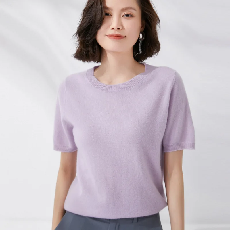 Spring and Summer New Short-sleeved Women O-neck Slim Wool Cotton Blend Pullover Vest T-shirt Knitted Base Sweater