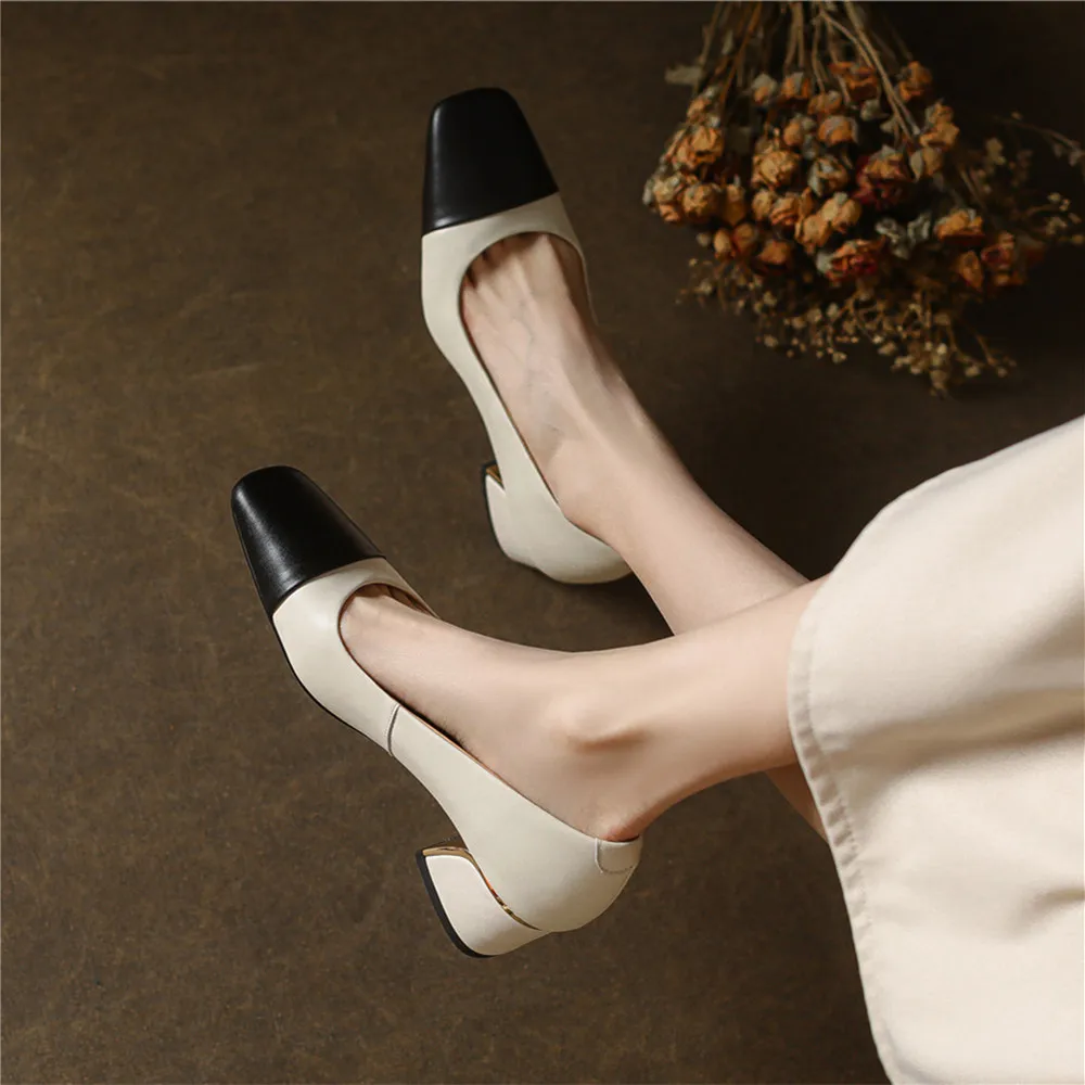 FEDONAS Classic Basic Women Pumps Thick Heels Square Toe Spring Summer Mixed Colors Genuine Leather Office Lady Shoes Woman 2024