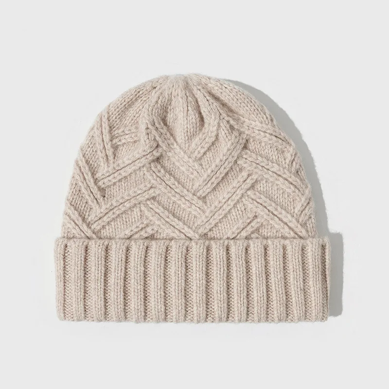 Herringbone Wool Beanie Cap Women Knitted Hat Winter