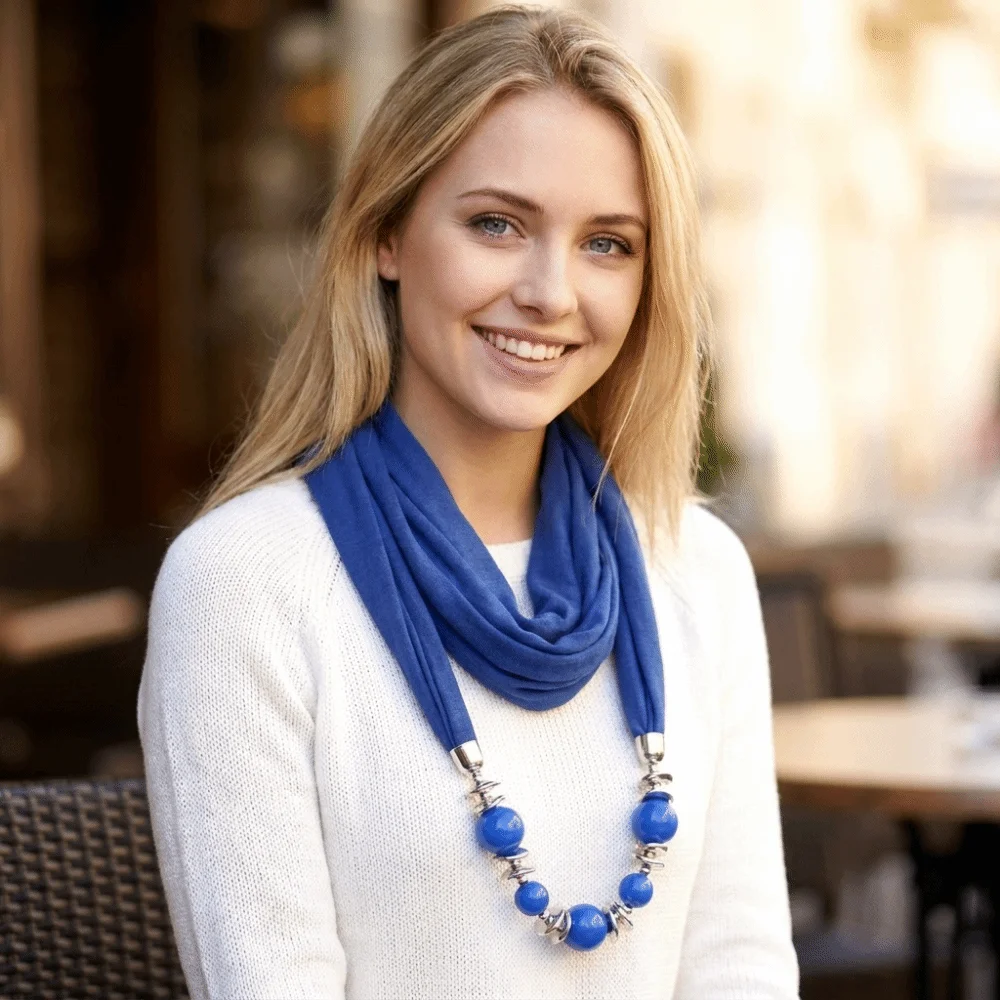 Fashion Chiffon Scarf Necklace Solid Color Beaded Infinity Scarf Ethnic Style Vintage Style Pendant Scarf Gift