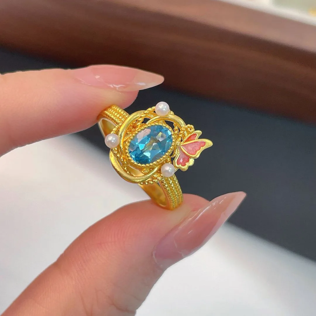 

Креативные инкрустированные синие драгоценные камни, кольца-бабочки для женщин, модные легкие роскошные обручальные кольца с жемчугом, очаровательные ювелирные изделия, подарок