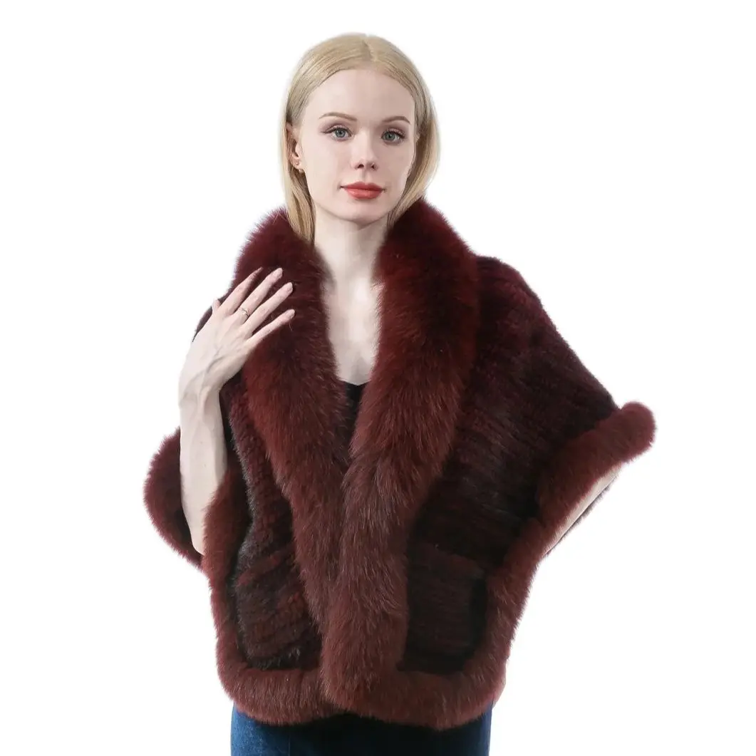 Natural Mink Fur Knittings Shawl with Fox Fur Trimming Collar, Front Cape Stole, Luxurious Furry Vest, B230814