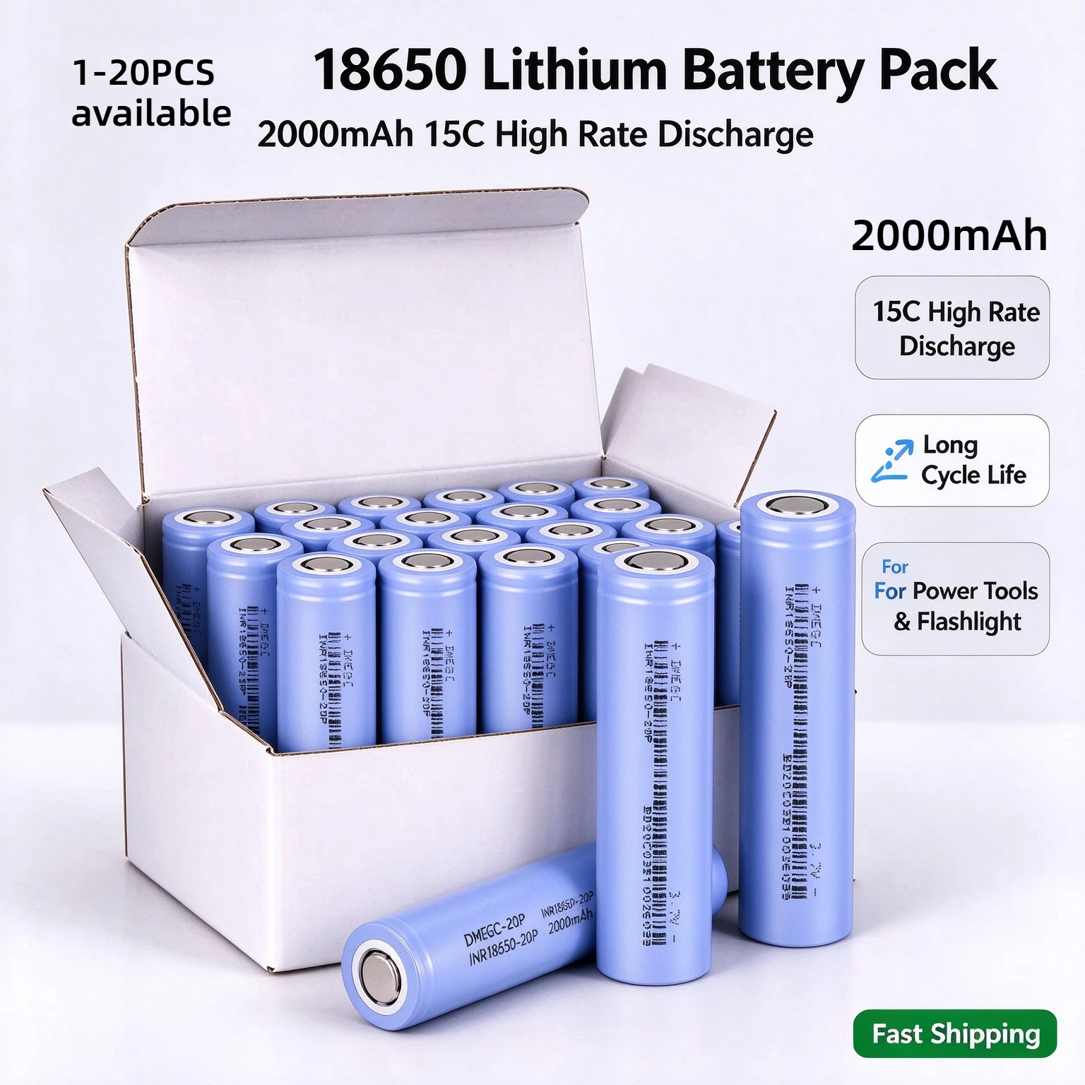 1-20PCS 18650 2000mAh 3.7V 10C 20A Discharge Rechargeable Li-ion Battery INR18650 for Drone Flashlight Headlamp Power Tools