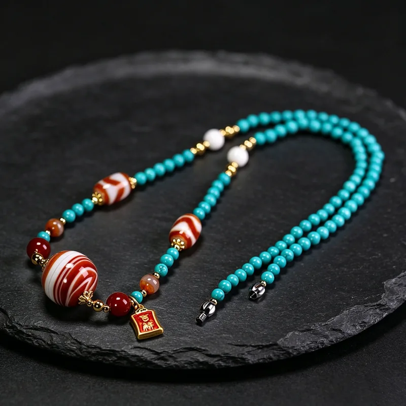 Tibetan natural authentic old raw agate red silk-threaded tiger tooth dzi bead clavicle necklace, approximately 18x18mm