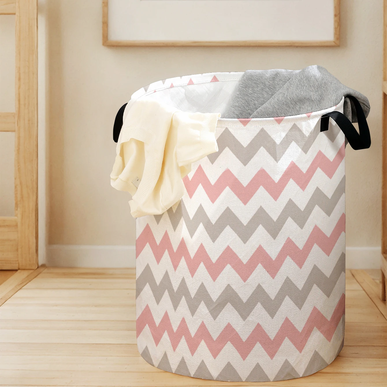 Pink & Grey Chevron Print Foldable Large Capacity Storage Bucket, Children's Toy and Clothing Storage, Home Bathroom
