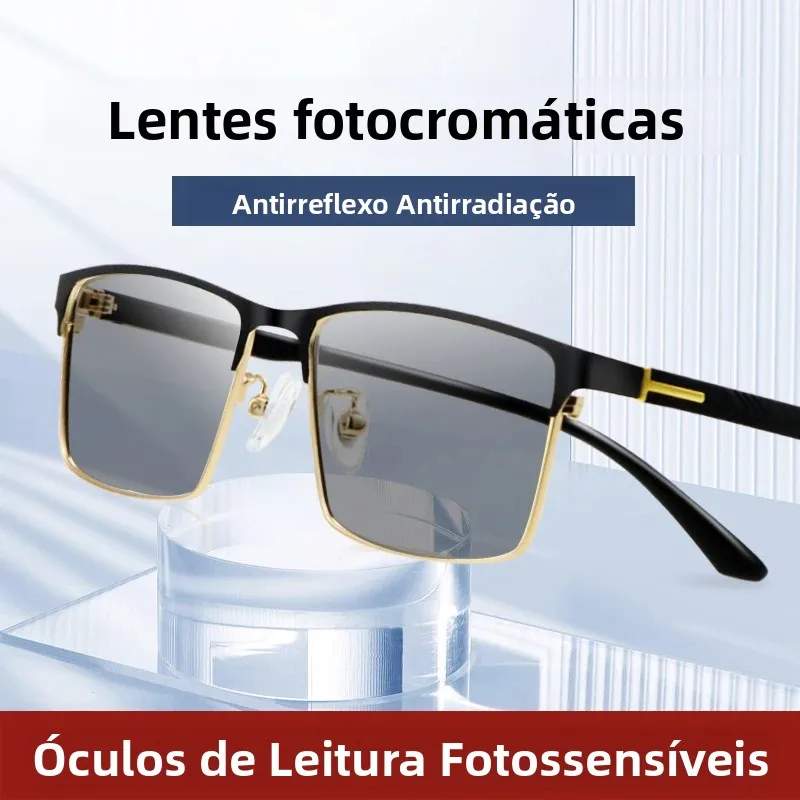 男性用フォトクロミック読書用サングラス、超軽量チタン眼鏡フレーム、老眼眼鏡、スクエアメガネ
