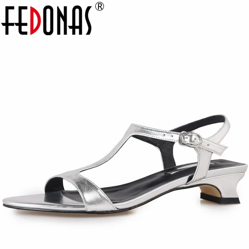 FEDONAS Zwięzłe sandały damskie 2024 Summer New Arrival T-Strap Genuine Leather Thick Heels Casual Office Lady Working Shoes Woman