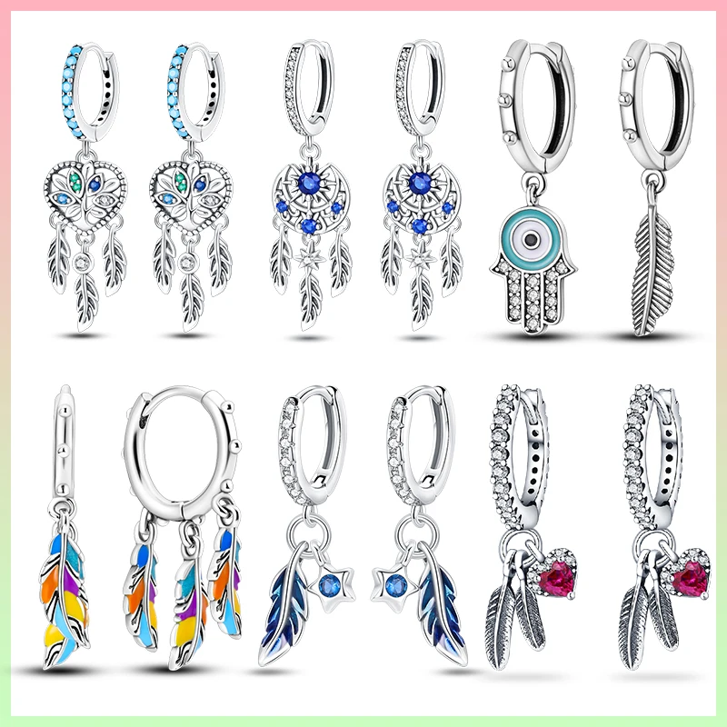 Neue Damen-Ohrringe, 925er Silber, Traumfänger, Feder-Serie, Ohrringe, exquisiter Party-Schmuck, Geschenk, Jahrestag, Geburtstag