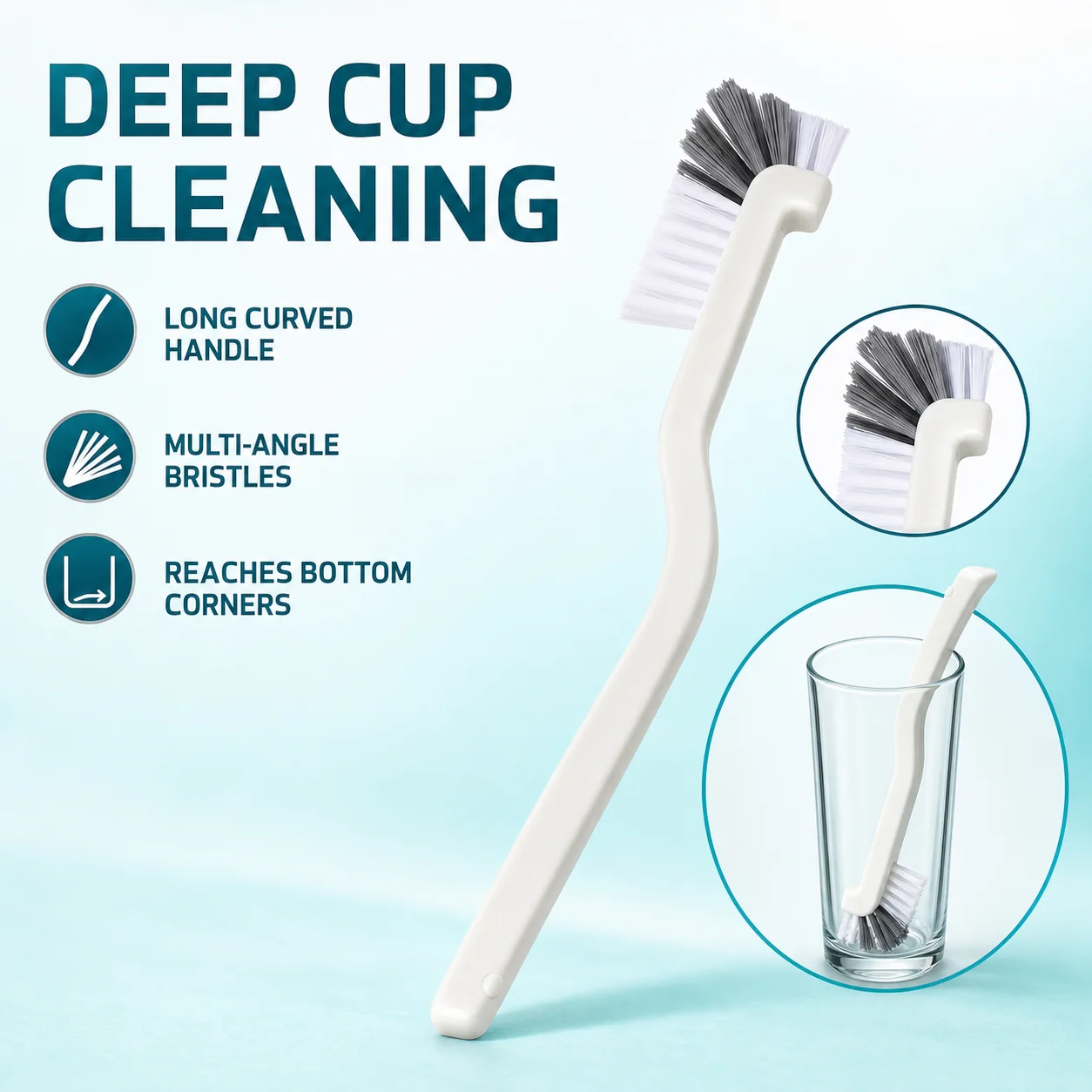 Japanese Style Long Handle Cup Brush for Deep Cups Bottles, Multi-Angle Bristles Tumbler Mug Cleaner Kitchen Cleaning Tool