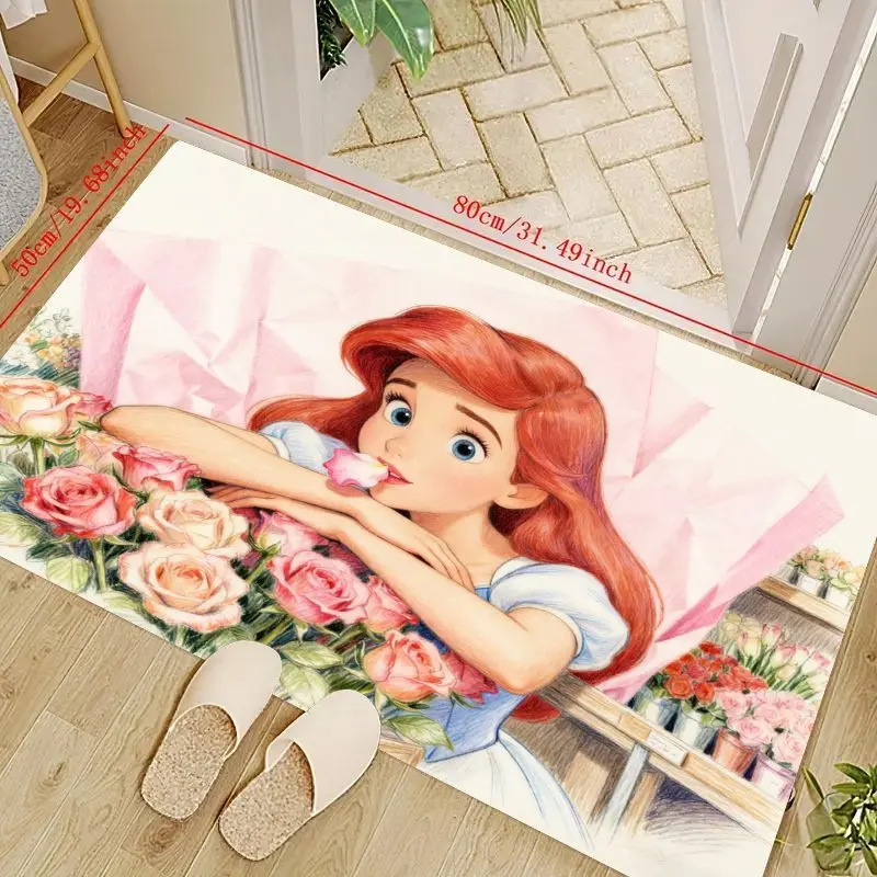 

1 шт. Напольный коврик принцессы Диснея Ариэль Русалочка, милый мультяшный коврик для девочек с цветочным принтом и розой, мягкий нескользящий моющийся коврик
