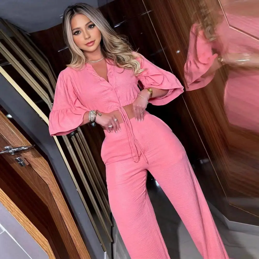 Women Top Pants Suit Stylish Women's V Neck Crop Top Wide Leg Pants Set with Bubble Sleeves Lace-up Detail Solid for Fashionable