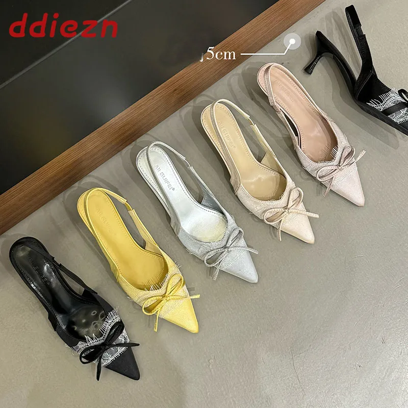 

Модные туфли-лодочки на тонком каблуке для женщин, слингбэки с бантом-бабочкой, туфли на высоком каблуке с острым носком, вечерние туфли